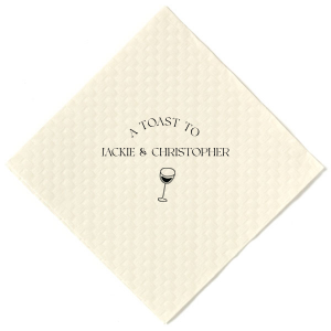 Raise your glasses with the A Toast To Wine Glass Napkin, featuring the phrase "A Toast to" arched gracefully above the couple's names, and a chic single line drawing of a wine glass below. Perfect for adding a bespoke touch to your wedding or rehearsal dinner.