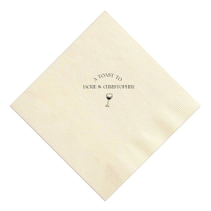 Raise your glasses with the A Toast To Wine Glass Napkin, featuring the phrase "A Toast to" arched gracefully above the couple's names, and a chic single line drawing of a wine glass below. Perfect for adding a bespoke touch to your wedding or rehearsal dinner.