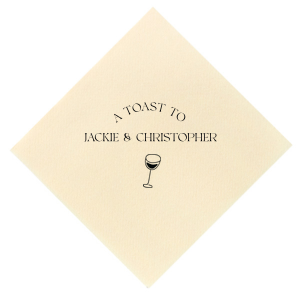 Raise your glasses with the A Toast To Wine Glass Napkin, featuring the phrase "A Toast to" arched gracefully above the couple's names, and a chic single line drawing of a wine glass below. Perfect for adding a bespoke touch to your wedding or rehearsal dinner.