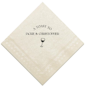 Raise your glasses with the A Toast To Wine Glass Napkin, featuring the phrase "A Toast to" arched gracefully above the couple's names, and a chic single line drawing of a wine glass below. Perfect for adding a bespoke touch to your wedding or rehearsal dinner.