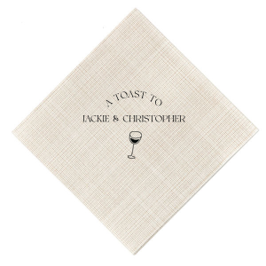Raise your glasses with the A Toast To Wine Glass Napkin, featuring the phrase "A Toast to" arched gracefully above the couple's names, and a chic single line drawing of a wine glass below. Perfect for adding a bespoke touch to your wedding or rehearsal dinner.