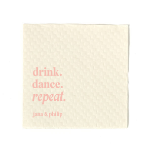 Keep the party alive with the Drink, Dance, Repeat, Napkin, emblazoned with bold letters above the couple's names. This custom party accessory is a spirited choice to encourage a night filled with fun and dance at your wedding.