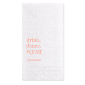 Keep the party alive with the Drink, Dance, Repeat, Napkin, emblazoned with bold letters above the couple's names. This custom party accessory is a spirited choice to encourage a night filled with fun and dance at your wedding.