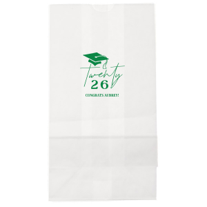 Honor the graduate's milestone with the Grad Script Cap Celebration Bag, elegantly personalized with the graduate's name and graduation year in flowing script, complemented by a classic graduation cap graphic. A chic and functional memento for any graduation festivity.