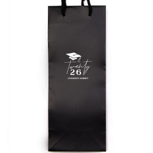 Honor the graduate's milestone with the Grad Script Cap Celebration Bag, elegantly personalized with the graduate's name and graduation year in flowing script, complemented by a classic graduation cap graphic. A chic and functional memento for any graduation festivity.