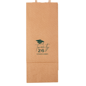 Honor the graduate's milestone with the Grad Script Cap Celebration Bag, elegantly personalized with the graduate's name and graduation year in flowing script, complemented by a classic graduation cap graphic. A chic and functional memento for any graduation festivity.