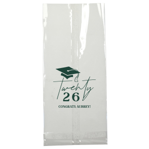 Honor the graduate's milestone with the Grad Script Cap Celebration Bag, elegantly personalized with the graduate's name and graduation year in flowing script, complemented by a classic graduation cap graphic. A chic and functional memento for any graduation festivity.