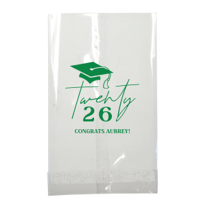 Honor the graduate's milestone with the Grad Script Cap Celebration Bag, elegantly personalized with the graduate's name and graduation year in flowing script, complemented by a classic graduation cap graphic. A chic and functional memento for any graduation festivity.