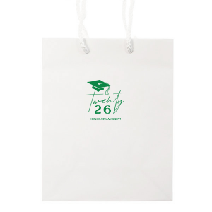 Honor the graduate's milestone with the Grad Script Cap Celebration Bag, elegantly personalized with the graduate's name and graduation year in flowing script, complemented by a classic graduation cap graphic. A chic and functional memento for any graduation festivity.
