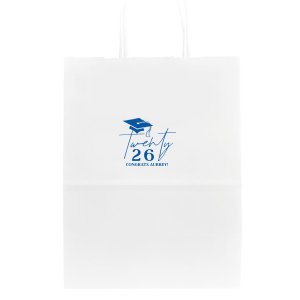 Honor the graduate's milestone with the Grad Script Cap Celebration Bag, elegantly personalized with the graduate's name and graduation year in flowing script, complemented by a classic graduation cap graphic. A chic and functional memento for any graduation festivity.