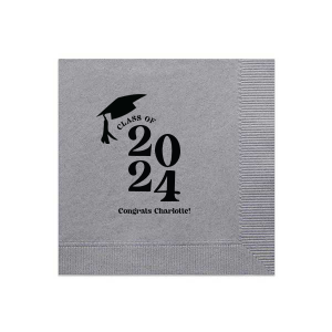 Commemorate the culmination of hard work with the Bold Year Graduate Cap Napkin, personalized with the graduate's name and the year set in a bold font, alongside a distinguished graduation cap graphic. A proud addition to any graduation party's decor.