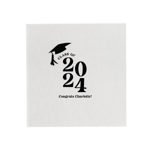 Commemorate the culmination of hard work with the Bold Year Graduate Cap Napkin, personalized with the graduate's name and the year set in a bold font, alongside a distinguished graduation cap graphic. A proud addition to any graduation party's decor.