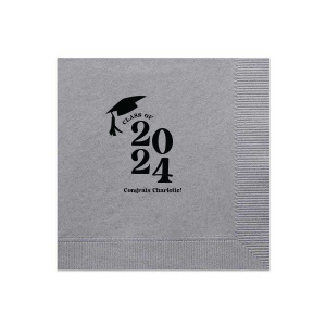 Commemorate the culmination of hard work with the Bold Year Graduate Cap Napkin, personalized with the graduate's name and the year set in a bold font, alongside a distinguished graduation cap graphic. A proud addition to any graduation party's decor.