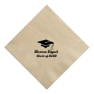 Salute the graduate in retro style with the Groovy Grad Cap Celebration Napkin, featuring a classic graduation cap graphic and personalized with the graduate's name and year in a groovy font. A funky and festive addition to any graduation party.