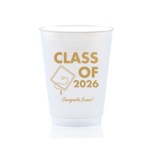 Celebrate the graduate with the Cap and Script Year Grad Cup, showcasing a sleek graduation cap graphic, the year in a bold font, and the graduate's name in an elegant script. A personalized way to toast to their success at any graduation gathering.