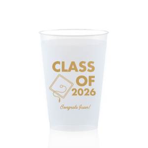Celebrate the graduate with the Cap and Script Year Grad Cup, showcasing a sleek graduation cap graphic, the year in a bold font, and the graduate's name in an elegant script. A personalized way to toast to their success at any graduation gathering.