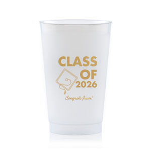 Celebrate the graduate with the Cap and Script Year Grad Cup, showcasing a sleek graduation cap graphic, the year in a bold font, and the graduate's name in an elegant script. A personalized way to toast to their success at any graduation gathering.