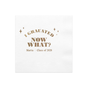 Ponder the possibilities with the Starry Future Grad Napkin, sprinkled with star graphics and the thought-provoking "I graduated, now what?" Personalize with the graduate's name and year to add a touch of humor and hope to the celebration.