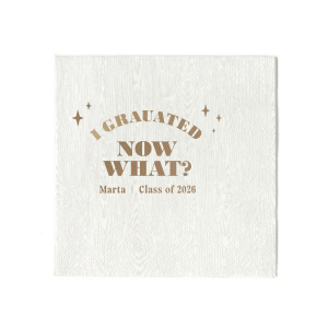 Ponder the possibilities with the Starry Future Grad Napkin, sprinkled with star graphics and the thought-provoking "I graduated, now what?" Personalize with the graduate's name and year to add a touch of humor and hope to the celebration.