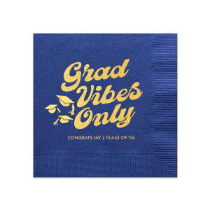 Embrace the celebration with the Grad Vibes Only Retro Napkin, declaring the occasion in a bold, retro-inspired font, topped with whimsical graduation cap graphics. Personalize with the graduate's name and year for an exclusive touch to this joyful milestone party.