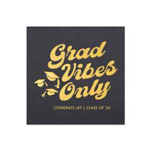 Embrace the celebration with the Grad Vibes Only Retro Napkin, declaring the occasion in a bold, retro-inspired font, topped with whimsical graduation cap graphics. Personalize with the graduate's name and year for an exclusive touch to this joyful milestone party.