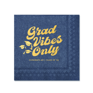 Embrace the celebration with the Grad Vibes Only Retro Napkin, declaring the occasion in a bold, retro-inspired font, topped with whimsical graduation cap graphics. Personalize with the graduate's name and year for an exclusive touch to this joyful milestone party.