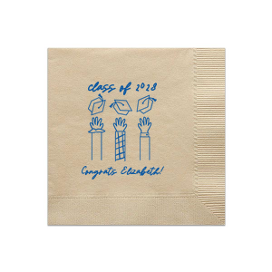 Mark the occasion with the Celebration Caps Line Art Napkin, where the graduate's name and year take flight in a beautiful script, amidst a modern line drawing of three arms joyously tossing graduation caps skyward. A stylish symbol of success for any graduation party.