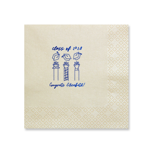 Mark the occasion with the Celebration Caps Line Art Napkin, where the graduate's name and year take flight in a beautiful script, amidst a modern line drawing of three arms joyously tossing graduation caps skyward. A stylish symbol of success for any graduation party.