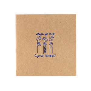 Mark the occasion with the Celebration Caps Line Art Napkin, where the graduate's name and year take flight in a beautiful script, amidst a modern line drawing of three arms joyously tossing graduation caps skyward. A stylish symbol of success for any graduation party.