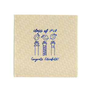 Mark the occasion with the Celebration Caps Line Art Napkin, where the graduate's name and year take flight in a beautiful script, amidst a modern line drawing of three arms joyously tossing graduation caps skyward. A stylish symbol of success for any graduation party.