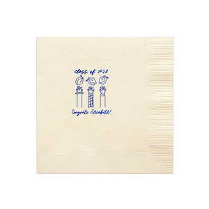 Mark the occasion with the Celebration Caps Line Art Napkin, where the graduate's name and year take flight in a beautiful script, amidst a modern line drawing of three arms joyously tossing graduation caps skyward. A stylish symbol of success for any graduation party.