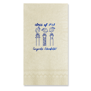 Mark the occasion with the Celebration Caps Line Art Napkin, where the graduate's name and year take flight in a beautiful script, amidst a modern line drawing of three arms joyously tossing graduation caps skyward. A stylish symbol of success for any graduation party.
