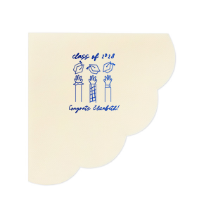 Mark the occasion with the Celebration Caps Line Art Napkin, where the graduate's name and year take flight in a beautiful script, amidst a modern line drawing of three arms joyously tossing graduation caps skyward. A stylish symbol of success for any graduation party.