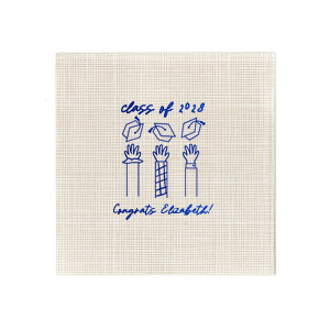 Mark the occasion with the Celebration Caps Line Art Napkin, where the graduate's name and year take flight in a beautiful script, amidst a modern line drawing of three arms joyously tossing graduation caps skyward. A stylish symbol of success for any graduation party.
