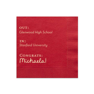 Toast to the graduate's bright future with the Next Chapter Graduation Napkin, featuring a cheeky "Out: [High School Name], In: [College Name]" design. Personalize with the graduate's name for a playful touch on this momentous transition.