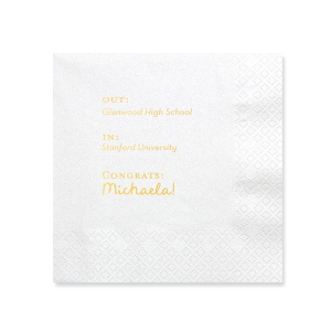 Toast to the graduate's bright future with the Next Chapter Graduation Napkin, featuring a cheeky "Out: [High School Name], In: [College Name]" design. Personalize with the graduate's name for a playful touch on this momentous transition.