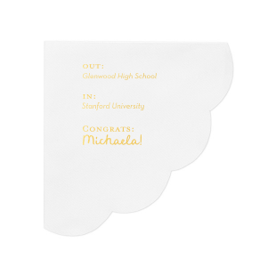 Toast to the graduate's bright future with the Next Chapter Graduation Napkin, featuring a cheeky "Out: [High School Name], In: [College Name]" design. Personalize with the graduate's name for a playful touch on this momentous transition.