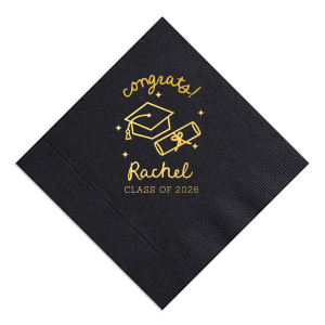 Celebrate the graduate's success with the Scripted Cap & Diploma Grad Napkin, elegantly personalized with the graduate's name and year in a handwritten script font. Featuring a classic graduation cap and diploma graphic, it's a sophisticated touch for any graduation festivity.