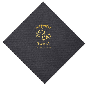 Celebrate the graduate's success with the Scripted Cap & Diploma Grad Napkin, elegantly personalized with the graduate's name and year in a handwritten script font. Featuring a classic graduation cap and diploma graphic, it's a sophisticated touch for any graduation festivity.
