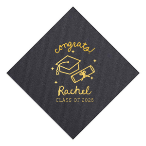 Celebrate the graduate's success with the Scripted Cap & Diploma Grad Napkin, elegantly personalized with the graduate's name and year in a handwritten script font. Featuring a classic graduation cap and diploma graphic, it's a sophisticated touch for any graduation festivity.