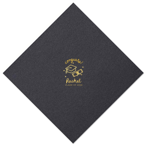 Celebrate the graduate's success with the Scripted Cap & Diploma Grad Napkin, elegantly personalized with the graduate's name and year in a handwritten script font. Featuring a classic graduation cap and diploma graphic, it's a sophisticated touch for any graduation festivity.