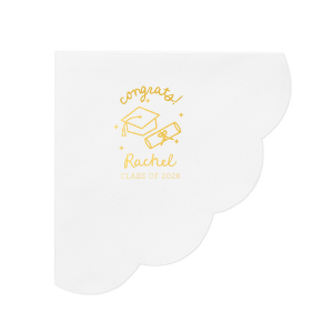 Celebrate the graduate's success with the Scripted Cap & Diploma Grad Napkin, elegantly personalized with the graduate's name and year in a handwritten script font. Featuring a classic graduation cap and diploma graphic, it's a sophisticated touch for any graduation festivity.