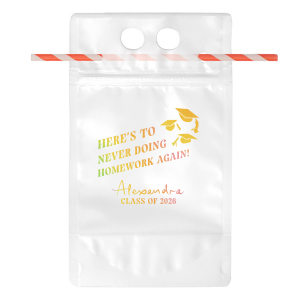Toast to freedom from studies with the No More Homework Grad Pouch, featuring a trio of graduation caps and the cheerful exclamation "Here's to never doing homework again!" Personalize with the graduate's name and year to celebrate their new beginning.