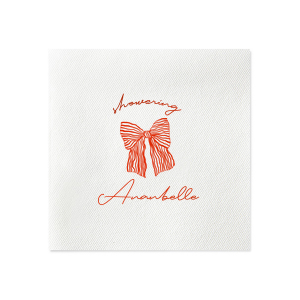 Celebrate the bride-to-be with the Showering Love Bow Napkin, delicately personalized with her name in a romantic script, alongside the word "showering" and a stylish bow graphic. An elegant choice for a chic and trendy bridal shower.