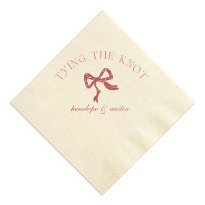 Seal your union with the Knotting Hearts Wedding Napkin, customized with the couple's names in an elegant script, beneath the phrase "tying the knot," and accented by a chic bow graphic. A romantic and fashionable detail for your nuptial celebration.
