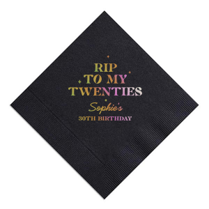 Commemorate a milestone birthday with the New Decade Starburst Napkin, personalized with the honoree's name and the dawn of a new era. Featuring "RIP to my twenties" or your custom age farewell, this napkin is sprinkled with celebratory stars, perfect for commemorating the next fabulous decade.