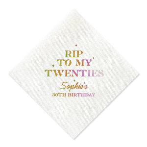 Commemorate a milestone birthday with the New Decade Starburst Napkin, personalized with the honoree's name and the dawn of a new era. Featuring "RIP to my twenties" or your custom age farewell, this napkin is sprinkled with celebratory stars, perfect for commemorating the next fabulous decade.