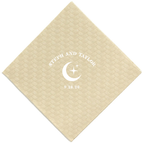 Unite under the stars with the Celestial Love Date Napkin, where the couple's names form an arch over a serene star and moon graphic, complemented by the wedding date in a clean, minimal style. A heavenly detail for your special day.