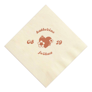 Infuse your wedding with vintage charm using the Retro Floral Heart Wedding Napkin, featuring the couple's names arched around a whimsical heart adorned with retro flowers, flanked by the wedding date. This nostalgic design adds a touch of retro romance to your celebration.