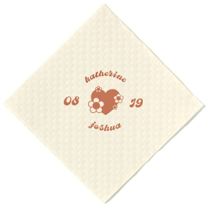 Infuse your wedding with vintage charm using the Retro Floral Heart Wedding Napkin, featuring the couple's names arched around a whimsical heart adorned with retro flowers, flanked by the wedding date. This nostalgic design adds a touch of retro romance to your celebration.